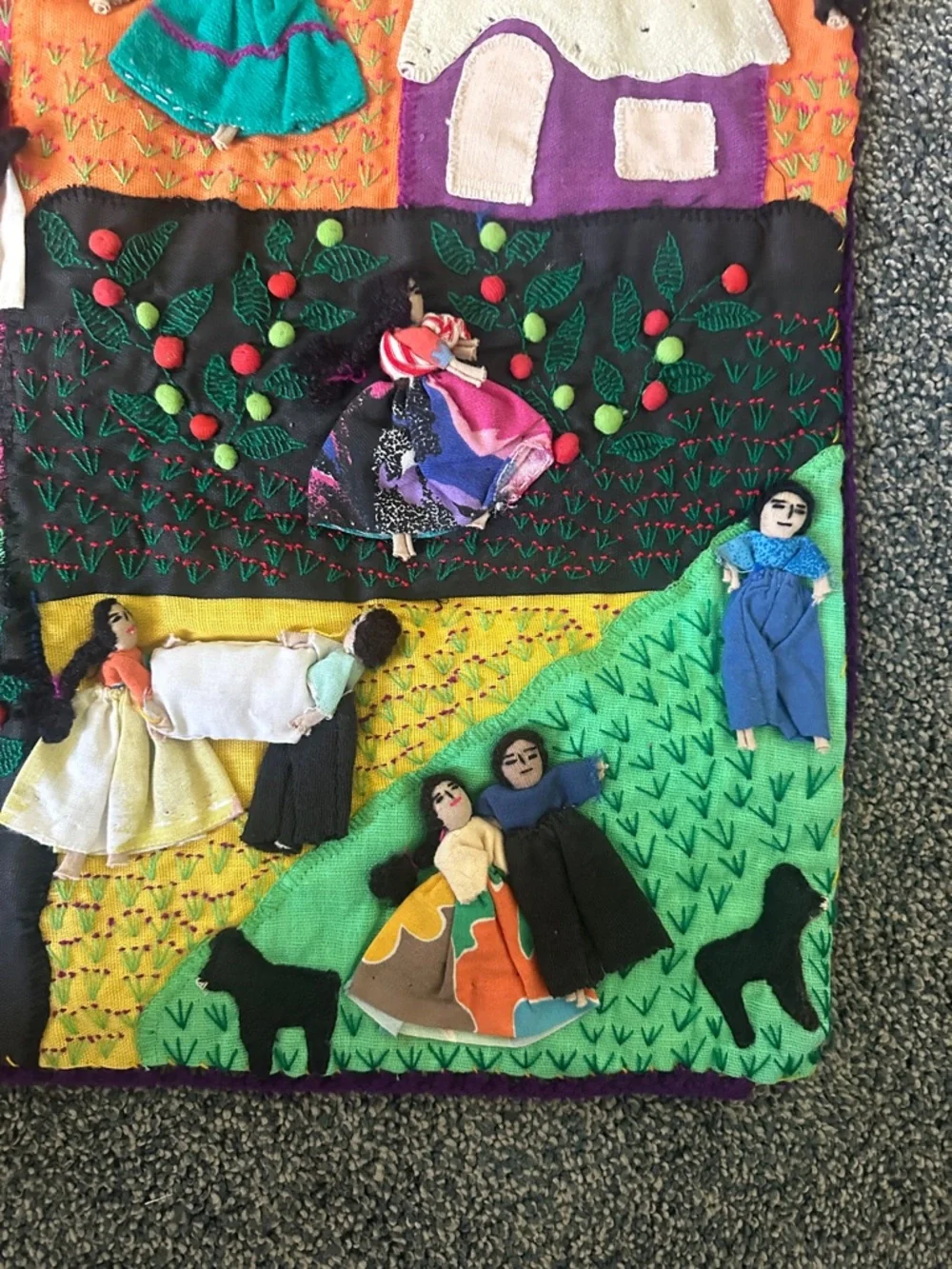 Handmade Peruvian Arpillera 3D Folk Tapestry Story Of Their Daily Life Harvest